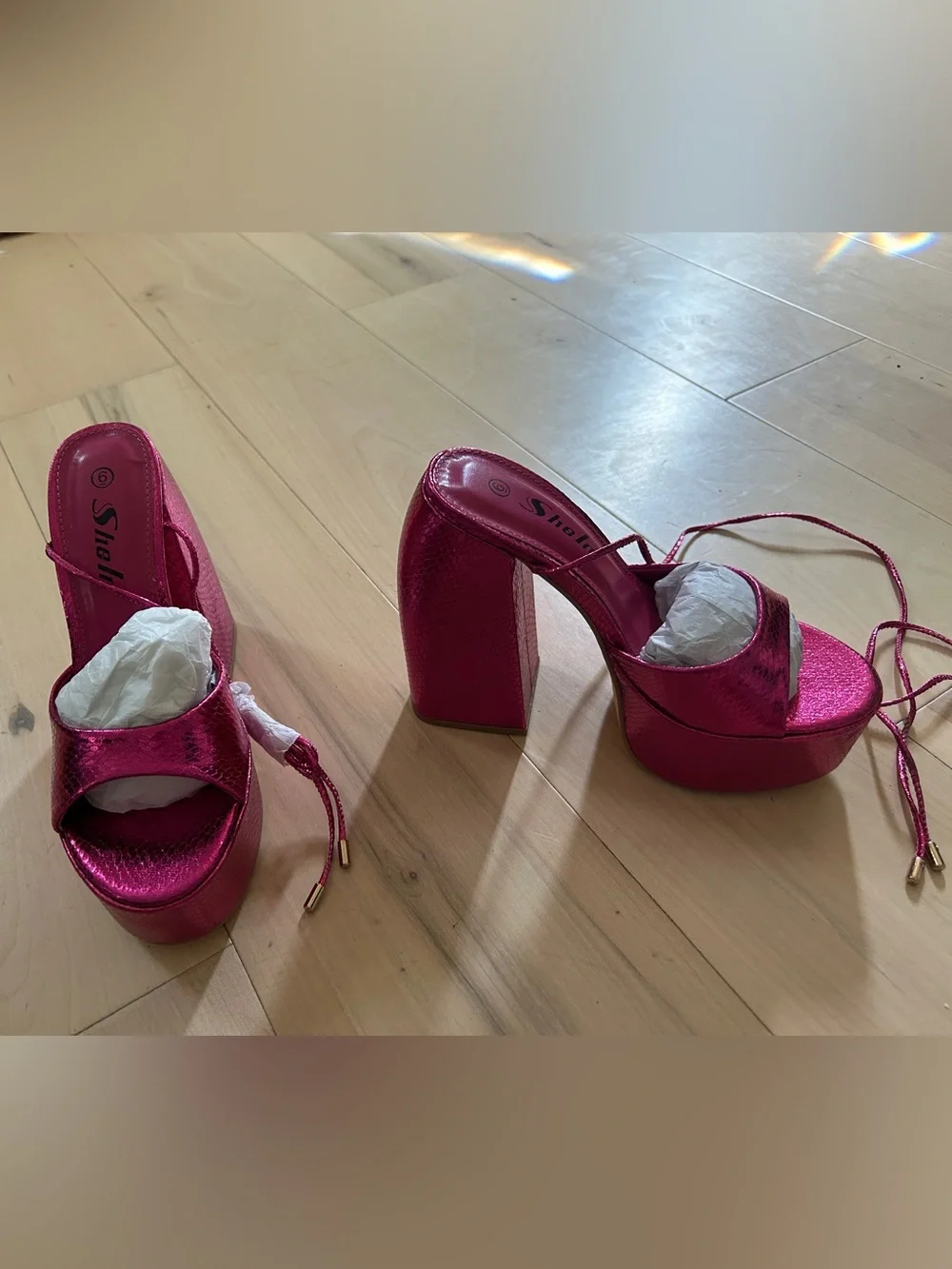 Metallic Pink Tie Ankle Chunky Platform Sandals Size 6